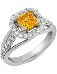 Gemesis Created Diamond, Vivid Fancy Orange Yellow, Renaissance Fashion Cross Over Solitaire With Micro Pave, 18Kt W/G, Ring, 1.69 TCWT