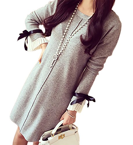 Notting hill 春秋 大人 レディース ワンピース リボン プリーツ ガーリー カジュアル シンプル 愛され スタイル ゆったり グレー ブラック サイズ L〜3XL SSK-0087