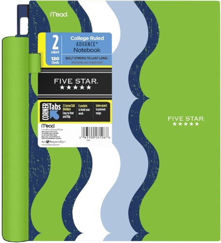 Five Star Advance Spiral Notebook, 2 Subject, 120 College-Ruled sheets, 11 x 8.5 Inch Sheet Size, Green/Blue/White (72913)