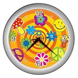 Silver Wall Clock of 70s Spiral of Peace Symbols Mushrooms Smiley Faces & Flowers