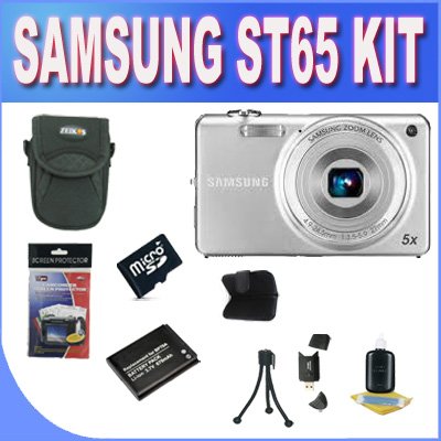 Cyber Monday Samsung EC-ST65 Digital Camera with 14 MP and 5x Optical Zoom (Silver) + 4GB Micro SD Memory + Extended Life Battery + USB Card Reader + Memory Card Wallet + Shock Proof Deluxe Case + Accessory Saver Bundle! Deals