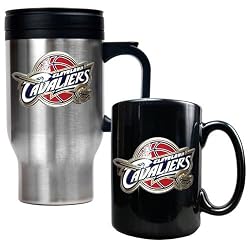Cleveland Cavaliers NBA Stainless Steel Travel Mug & Black Ceramic Mug Set - Primary Logo by Great American Products