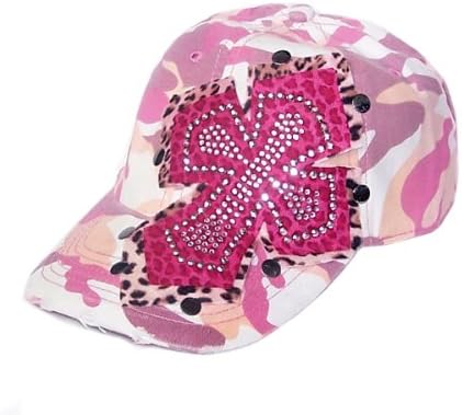 Tri Tone Pink Leopard Cross Rhinestone Baseball Camo Hat