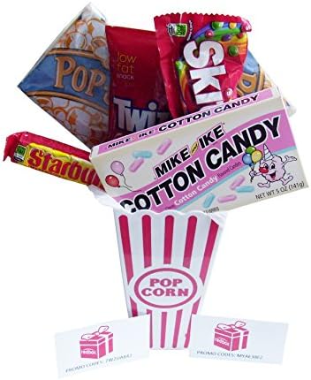 Movie Night Popcorn and Retro Cotton Candy Mike and Ikes Gift Basket With Redbox Movie Rentals Gift Cards ~ Includes Movie Theater Butter Popcorn, Concession Stand Candy and 2 Redbox Movie Rentals