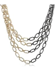 Gold Tone and Hematite Mixed Metal Four Row Chain Link Necklace, 19"+3" Extender