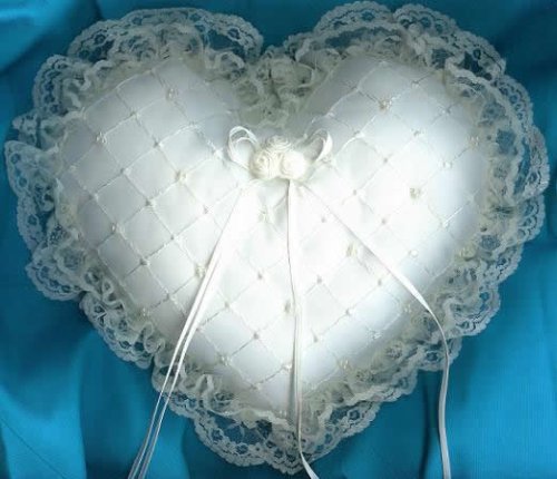 Click here to buy New White Heart Ring Pillow with Pearl and Lace Trim Bridal Accessory (1917P).