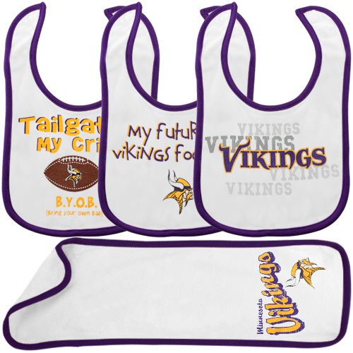 NFL Infant/Toddler Boys' Minnesota Vikings 4-Piece Bib and Burp Set (Team Color, One Size)
