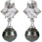18K White Gold Tahitian Cultured Circle Dark Grey "A" Quality Pearl and Tourmalinated Quartz Earrings