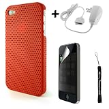 Aero Air Mesh Design Custom Style Durable Hard Protective Case for Apple iPhone 4 / 4th Generation compatible with 16GB / 32GB + 4-inch eBigValue (TM) Determination Hand Strap Key Chain + Includes a Travel Home Wall Charger for iPhone 4 + Includes a Front and Back Privacy Screen Protector for Apple iPhone 4