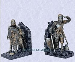 knight bookends in full suite of armor with swords and dragon shield