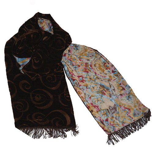 Neutral Abstract Silk Print & Brown Velvet Reversible Scarf