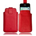Genuine/Real Leather Pouch Slip Case Cover Red For APPLE iPHONE 4S and 4 with Pull Tab Secure Magnet Closure inc FREE Screen Protector