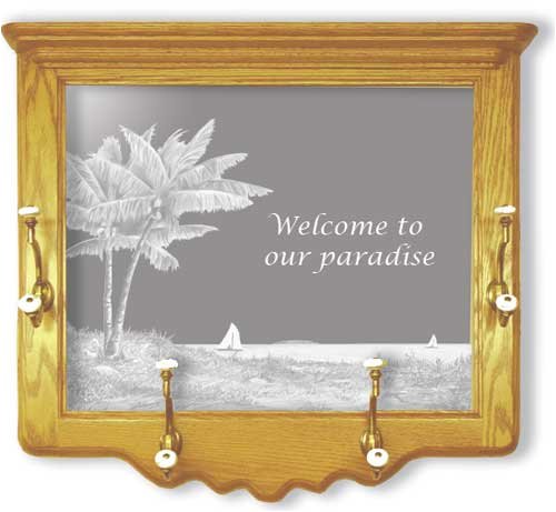 Detail image Wall Mounted Etched Mirror Coat Rack - Tropical Palm Trees Art Etching - ''Welcome to Our Paradise'' - Great Housewarming Gift