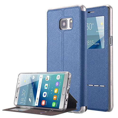 Galaxy Note 7 Case, Pandawell Slim Thin View Window PU Leather Flip Case Satnd with Smart Unlock Metal Slide Touch for Samsung Galaxy Note 7 - Blue