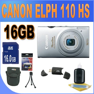 Canon PowerShot ELPH 110 HS 16.1 MP CMOS Digital Camera (Silver) W/16GB SDHC Memory   USB Card Reader   Shock Proof Case w/Strap   Mini Tripod   Accessory Saver Bundle!
