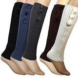 Triple Pompons Classic Boot Shaft Style Ribbed Knit Soft Acrylic Leg Warmer