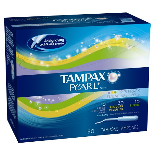 Tampax Pearl Plastic Triple Pack Light/Regular/Super Absorbency Unscented Tampons 50 Count