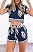 Eshion Vintage Style Women 2 Pcs Leaf Pattern Bohemian Crop Tops+Shorts Set (Small, Navy Blue)
