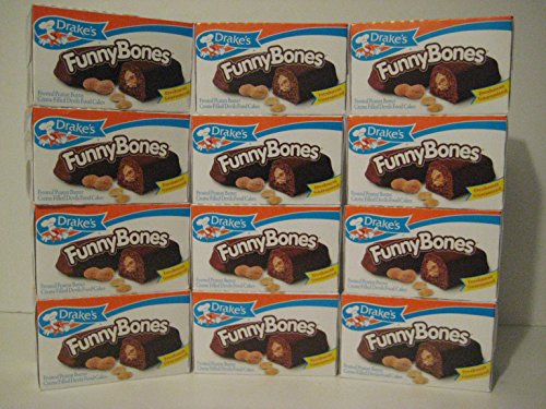 Drake’s Funny Bones, Case of 12! Frosted Peanut Butter Creme Filled Devils Food Cakes. 10 Ct