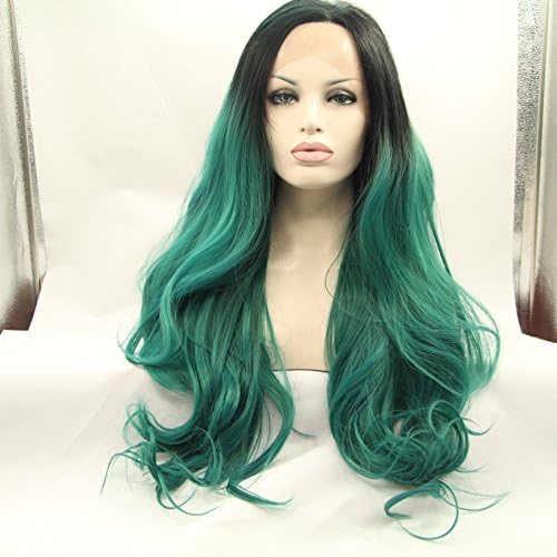 Everydaywigs® 26 Inch Black/green Ombre Color Wavy Synthetic Lace Front Wigs Glueless Black to Green Heat Resistant Hair Wigs