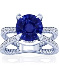 14K White Gold Round Cut Blue Sapphire Fana Designer Ring