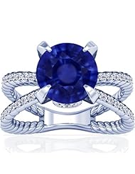 18K White Gold Round Cut Blue Sapphire Fana Designer Ring