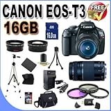 Canon EOS Rebel T3 12.2 MP CMOS Digital SLR with 18-55mm IS II Lens (Black) + Canon EF 75-300mm f/4-5.6 III Telephoto Zoom Lens + 58mm 2x Telephoto lens + 58mm Wide Angle Lens (4 Lens Kit!!!) W/16GB SDHC Memory + Extra LPE10 Battery/Charger + 3 Piece Filter Kit + Full Size Tripod + Accessory Kit