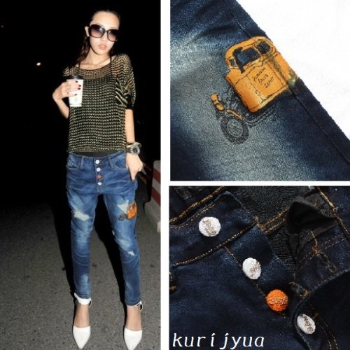 【LL】大きいサイズ カラーボタンストレッチ素材美脚デニムパンツ ジーンズ L~5L