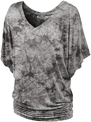 LL WT1116 Womens V Neck Short Sleeve Tie Dye Drape Dolman Top M BROWN