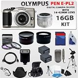 Olympus PEN E-pl2 Digital Camera (Silver) W/14-42mm Lens (Silver) + 16gb Sdhc Memory , 2x Extra Replacement Batteries, 3 Extra Lens, Deluxe Soft Carrying Case, Aluminum Tripod & Much More
