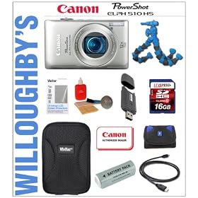 Canon PowerShot ELPH 510 HS 12.1 MP Digital Camera with 12x Wide Angle Optical IS Zoom (Silver) + Hard Shell Camera Case + LEXSpeed 16GB SDHC Memory Card + Sunpak Gripping Tripod + Spare NB9L Battery Pack & Much More! Willoughby's Est. 1898 Deluxe Point and Shoot Bundle