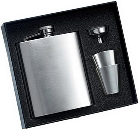 4-pack Personalized 8oz Brushed Silver Rimless Stainless Steel Flask with 2 Stainless Steel Shooters & Funnel Gift Set in Black Gift Box, Free Engraving!