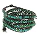 Gem Stone King 28 Inch Blue/Green Beads on Dark Brown Leather Wrap Bracelet with Snap Button Lock