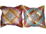 2 Cushion Cover Orange Red Zari Borders Vintage Silk Sari Brocade Toss Pillow Sham