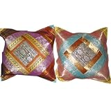 2 Orange Sky-Blue Vintage Silk Sari Toss Pillow Cushion Coversby Mogulinterior