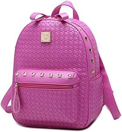 Youngmars Korean PU Leather Fashion Rivet Preppy Style Cute College Backpack (Rose Red)