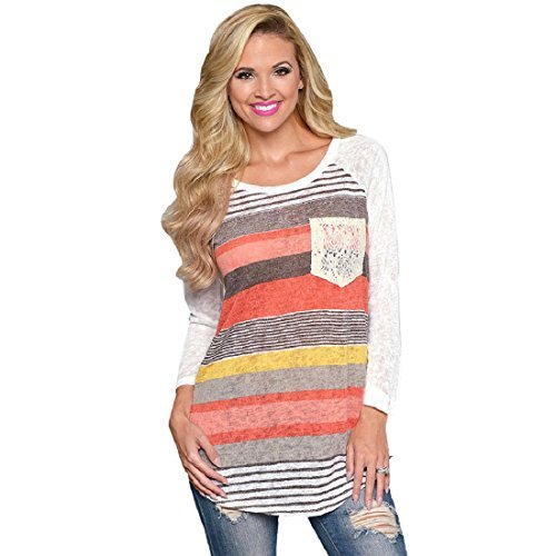 Sannysis Women Loose Stripes Lace Pocket O-neck Shirt Tops Blouses
