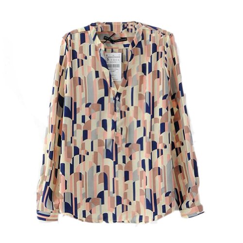 PanDaDa Women Tops Geometric Button Down Shirt Long Sleeve OL Blouse Vintage