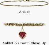14 Karat Yellow Gold 10 Wheat Style Red Stone Heart Charm Anklet