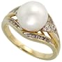 14k Gold Ring, w/ 0.14 Carat Brilliant Cut Diamonds & 9.5mm Pearl, 7/16 in. (11mm) wide