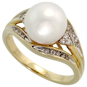 14k Gold 7/16" (11mm) wide Ring, w/ 0.14 Carat Brilliant Cut Diamonds & 9.5mm Pearl