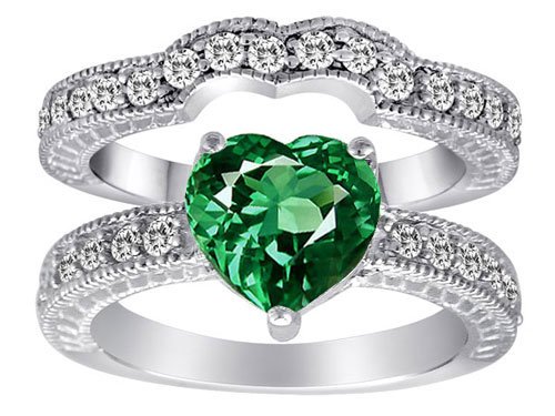 2.70 cttw 14K White Gold Plated 925 Sterling Silver Simulated Heart Shape Emerald Wedding Set Size 8