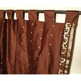 2 Tab Top Brown Silk Sari Drapes, Panels, Panels Curtain Length: 88 Inches by Indian Selections
