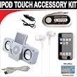 7 pc. Accessory kit for iPod Touch 7/16/32GB. Includes White portable stereo speaker w/cable Car FM Transmitter w/power cable White Mini soft Earbuds Reusable Pre-Cut Screen Protector and a DBROTH Microfiber Cleaning Cloth