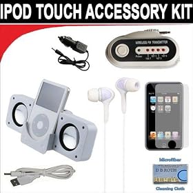 7 pc. Accessory kit for iPod Touch 7/16/32GB. Includes White portable stereo speaker w/cable Car FM Transmitter w/power cable White Mini soft Earbuds Reusable Pre-Cut Screen Protector and a DBROTH Microfiber Cleaning Cloth