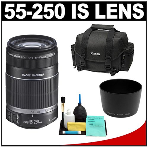 Canon EF-S 55-250mm f/4.0-5.6 IS Telephoto Zoom Lens + Canon 2400 DSLR Gadget Bag Case + Lens Hood + Cleaning Kit for Rebel T2i, T3, T3i, T4i EOS 50D, 60D & 7D Digital SLR Camera