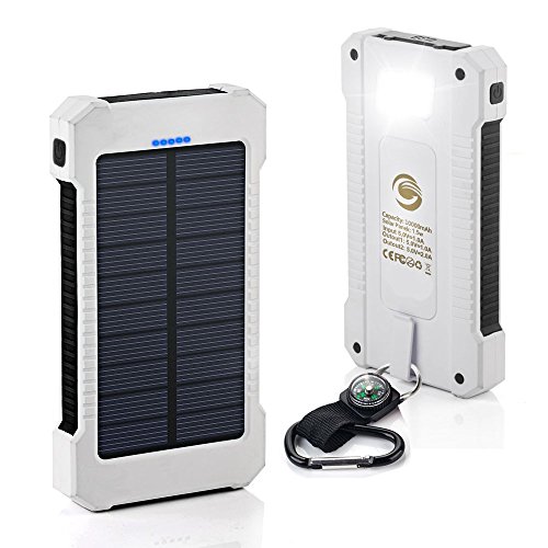 Solar Charger, 10000mAh Solar Power Bank Dual USB Port Portable Charger,Solar Battery Charger for iPhone,iPad,iPod,Cell Phone,Tablet,Camera,Rain-Resistant Dust-Proof and Shockproof (White)