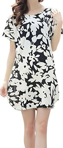 Women Girls Short Sleeve Oversize Plus Size Summer Casual loose Top Blouse Dress - Black / White Flowers