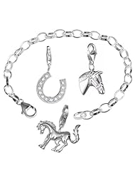 VINANI brand Germany 925 Sterling Silver Charm Bracelet Topic Horse with 3 charm pendants Horse Head Horse Horseshoe 19,5 cm (7.5") BPF