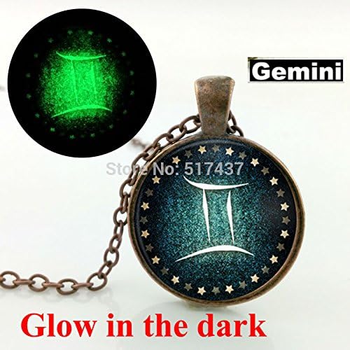Pretty Lee Glow In The Dark Jewelry Gemini Necklace Zodiac Sign Pendant Constellation Jewelry Glass Art Photo Glowing Necklace Pendant